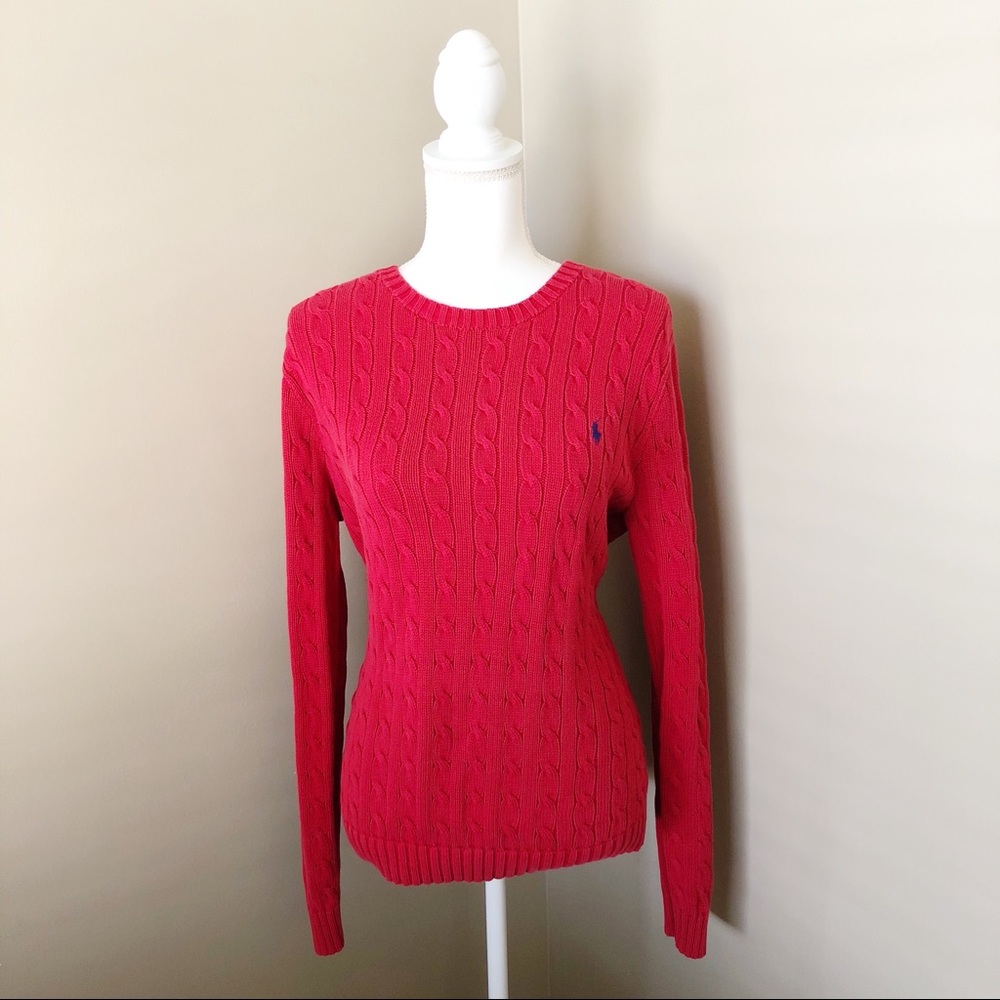 RALPH LAUREN Womens Red Cable Knit Sweater XL